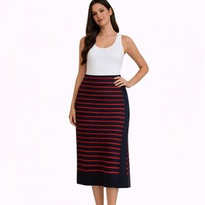 Tory Burch Anya nautical navy blue red stripe stretch midi Skirt Sz M